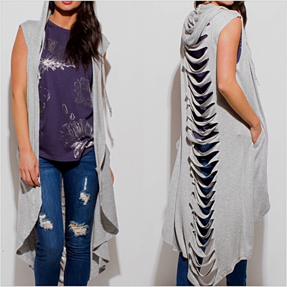 Distressed Duster Cardi Coverup Vest Hoodie OS SML - Picture 3 of 8